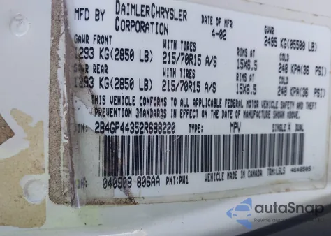 2002 Dodge Caravan Sport from USA, damaged, VIN 2B4GP44352R688220